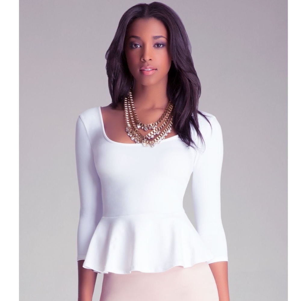 bebe 3/4 sleeve white peplum top